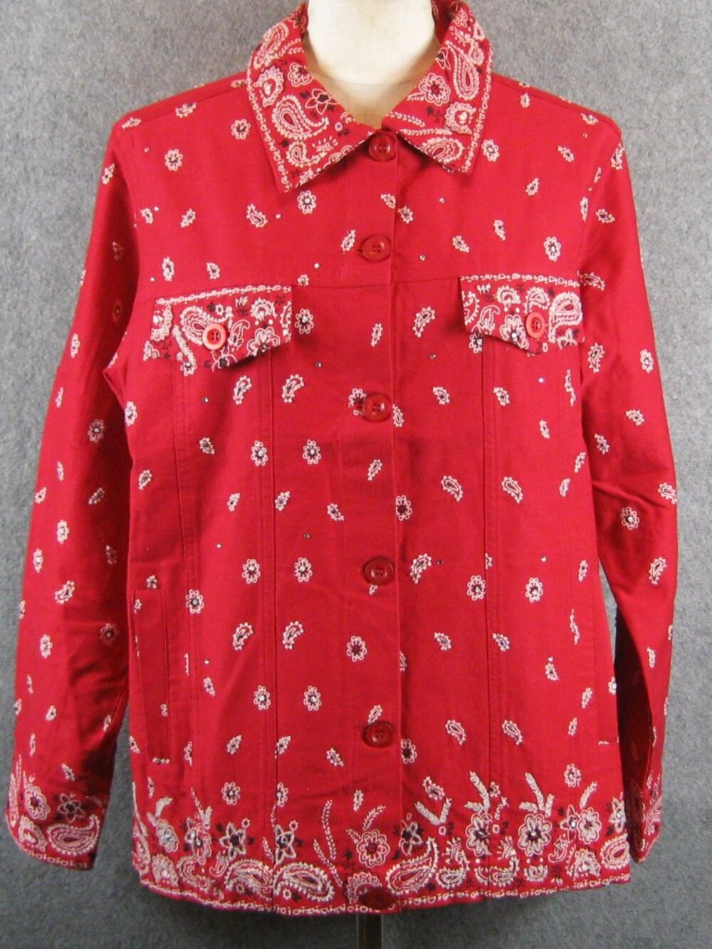 Quacker Factory Beaded Bandana Print Jacket Sz M Red